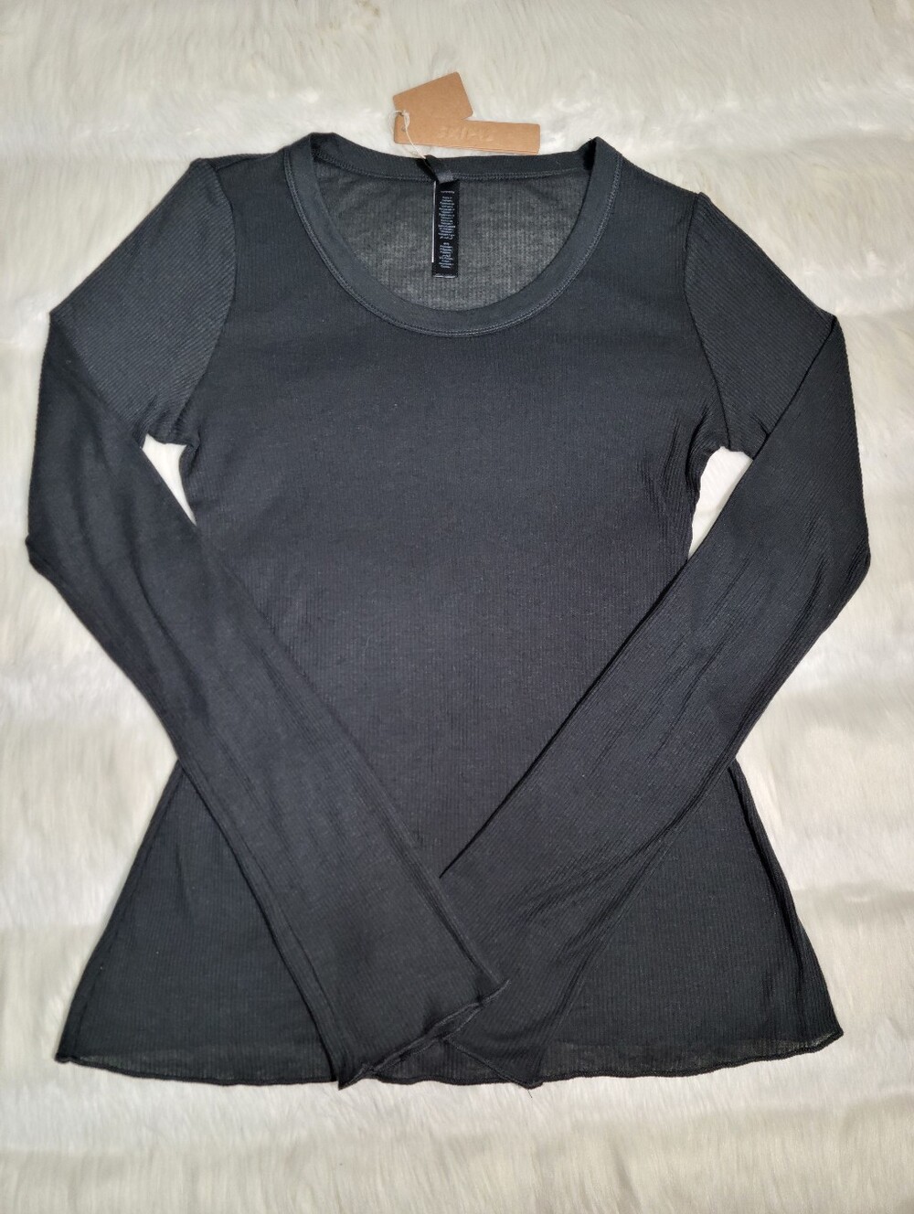 SKIMS Sheer Cotton Long Sleeve Wide Crew Henley Top Black Soot Women XS NEW